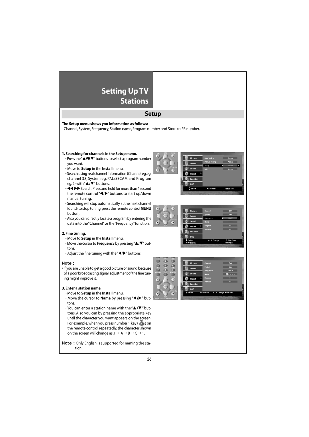 Daewoo DLT-20J9T, DLT-22W4T Fine tuning Move to Setup in the Install menu, Adjust the ﬁnetuningwiththe/buttons 