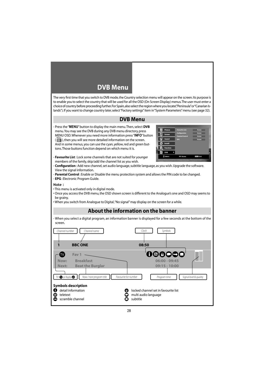 Daewoo DLT-20J3T, DLT-22W4T, DLT-20J9T, DLT-20J1T, DLT-19W4T instruction manual DVB Menu, About the information on the banner 