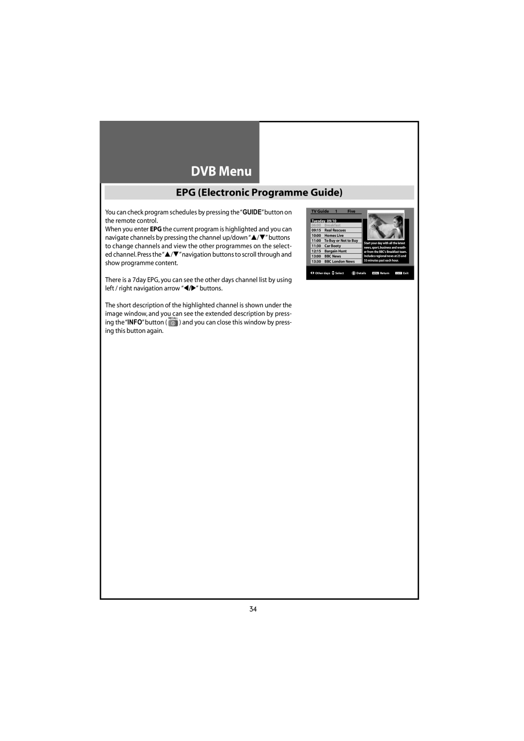 Daewoo DLT-19W4T, DLT-22W4T, DLT-20J9T, DLT-20J1T, DLT-20J3T instruction manual EPG Electronic Programme Guide, TV Guide Five 