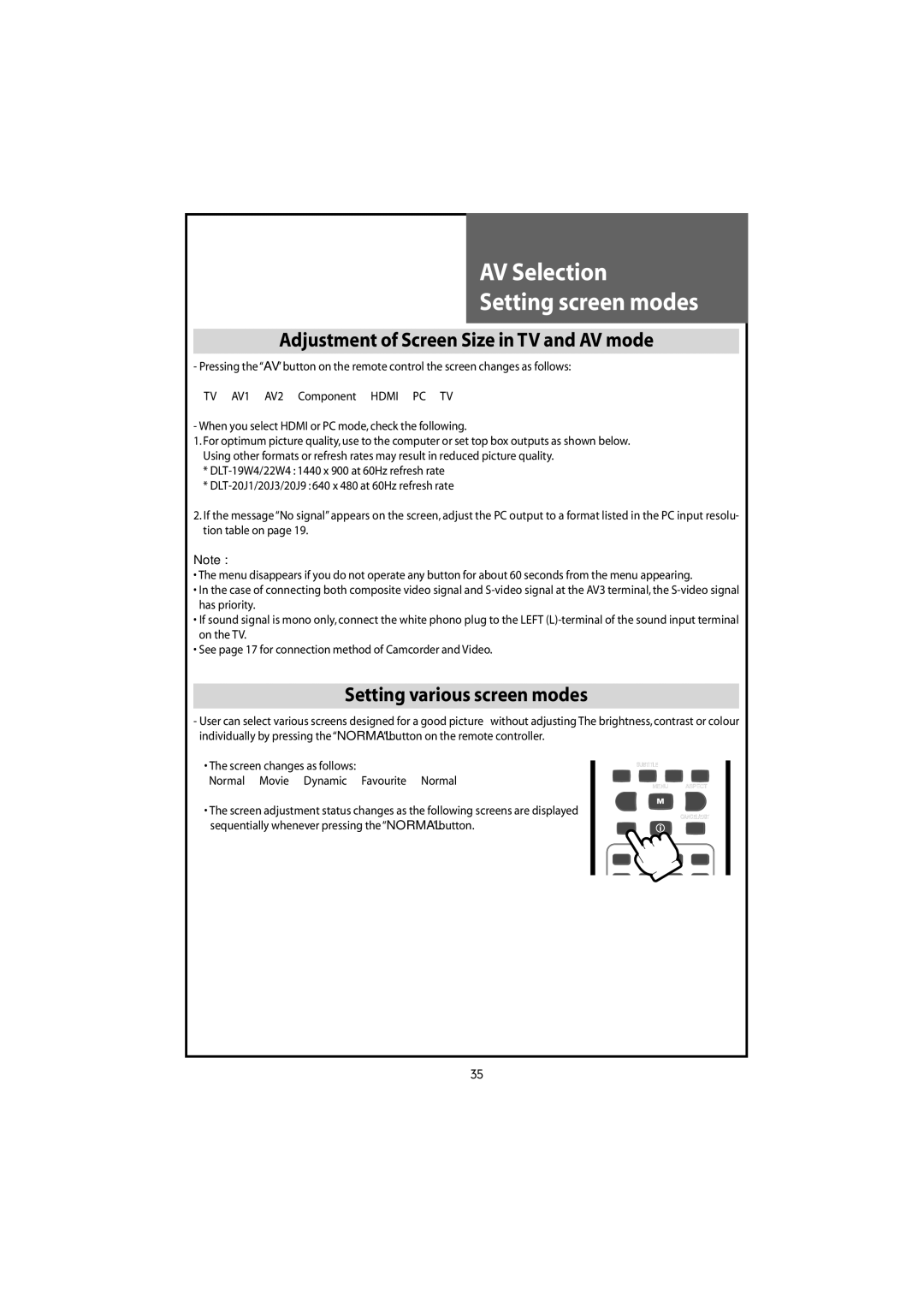 Daewoo DLT-22W4T, DLT-20J9T, DLT-20J1T AV Selection Setting screen modes, Adjustment of Screen Size inTV and AV mode 