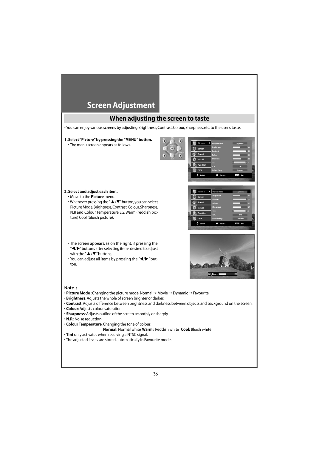 Daewoo DLT-20J9T, DLT-22W4T, DLT-20J1T, DLT-20J3T, DLT-19W4T Screen Adjustment, When adjusting the screen to taste 