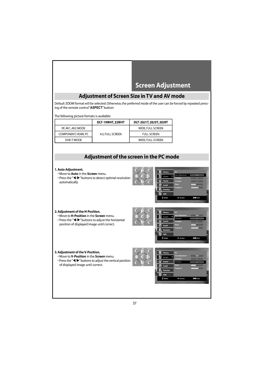 Daewoo DLT-20J1T, DLT-22W4T, DLT-20J9T, DLT-20J3T, DLT-19W4T instruction manual Adjustment of the screen in the PC mode 