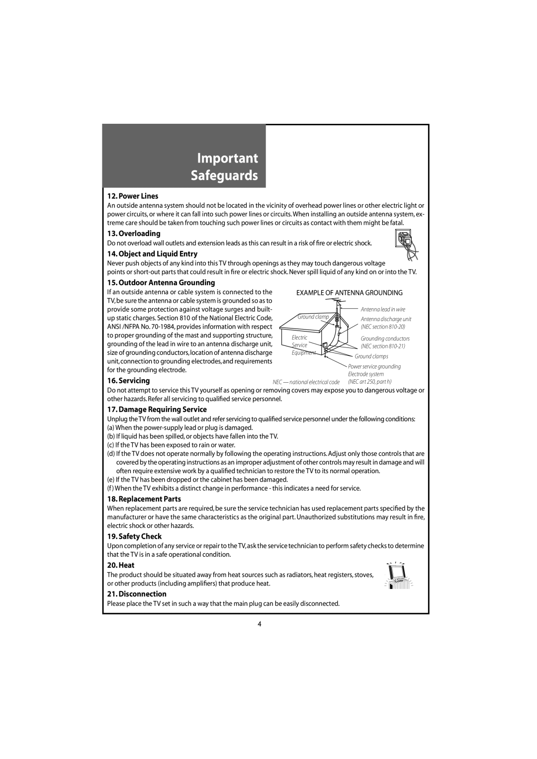 Daewoo DLT-19W4T, DLT-22W4T, DLT-20J9T, DLT-20J1T, DLT-20J3T instruction manual Power Lines, Example of Antenna Grounding 