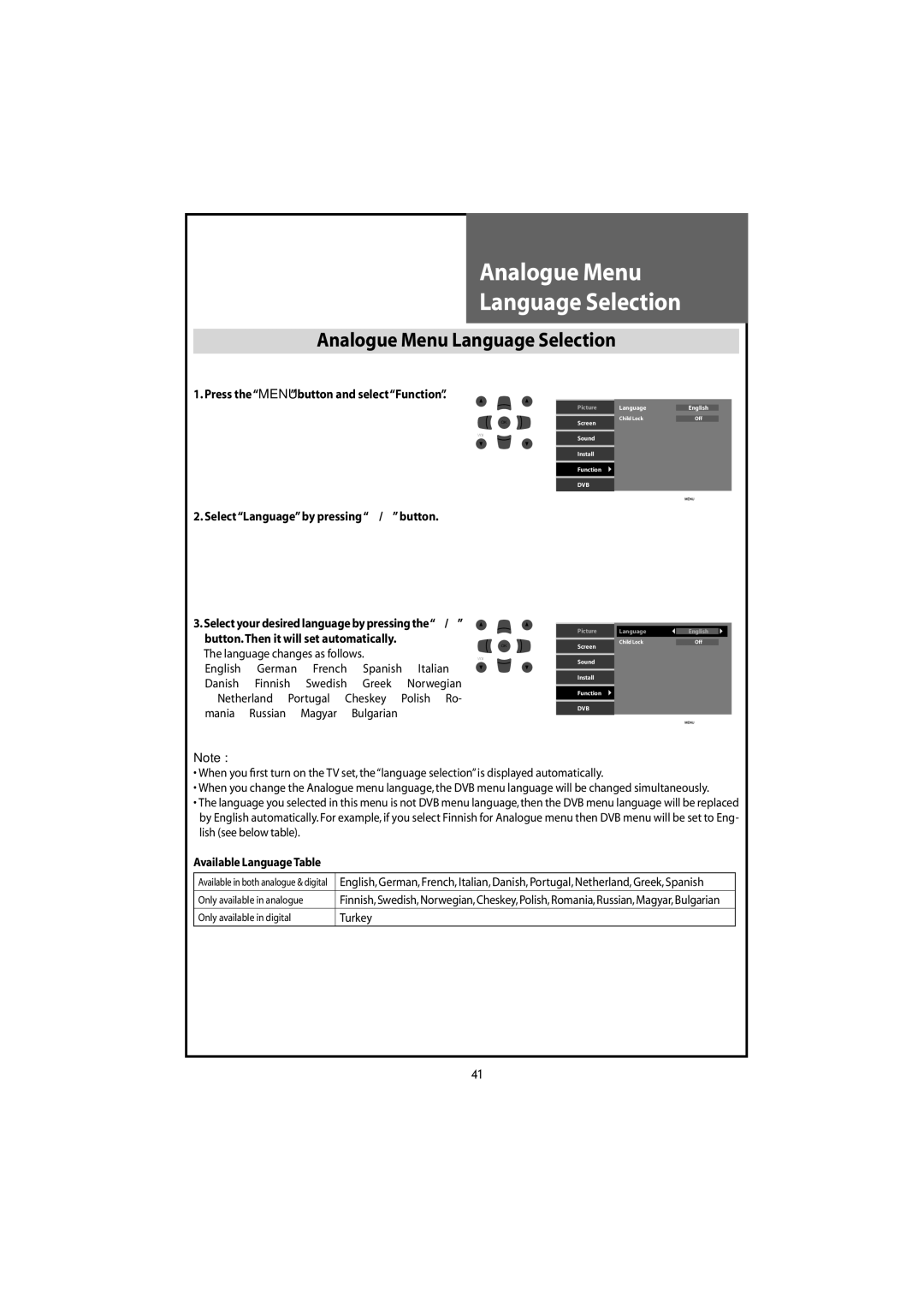 Daewoo DLT-20J9T, DLT-22W4T, DLT-20J1T, DLT-20J3T, DLT-19W4T instruction manual Analogue Menu Language Selection, Turkey 