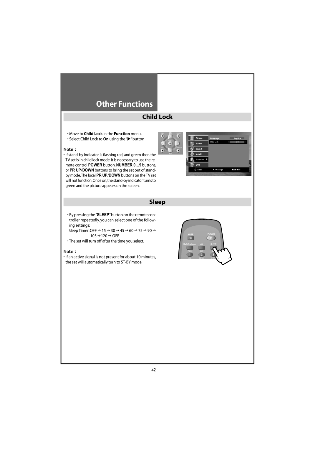 Daewoo DLT-20J1T, DLT-22W4T, DLT-20J9T, DLT-20J3T, DLT-19W4T instruction manual Other Functions, Child Lock, Sleep 