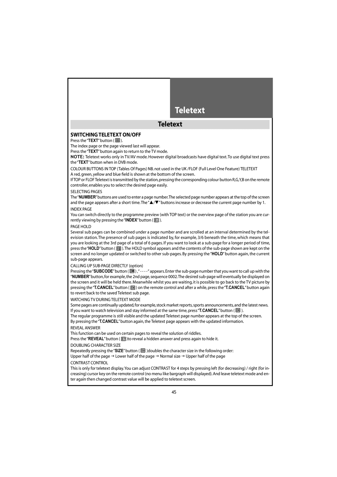 Daewoo DLT-22W4T, DLT-20J9T, DLT-20J1T, DLT-20J3T, DLT-19W4T instruction manual Teletext 