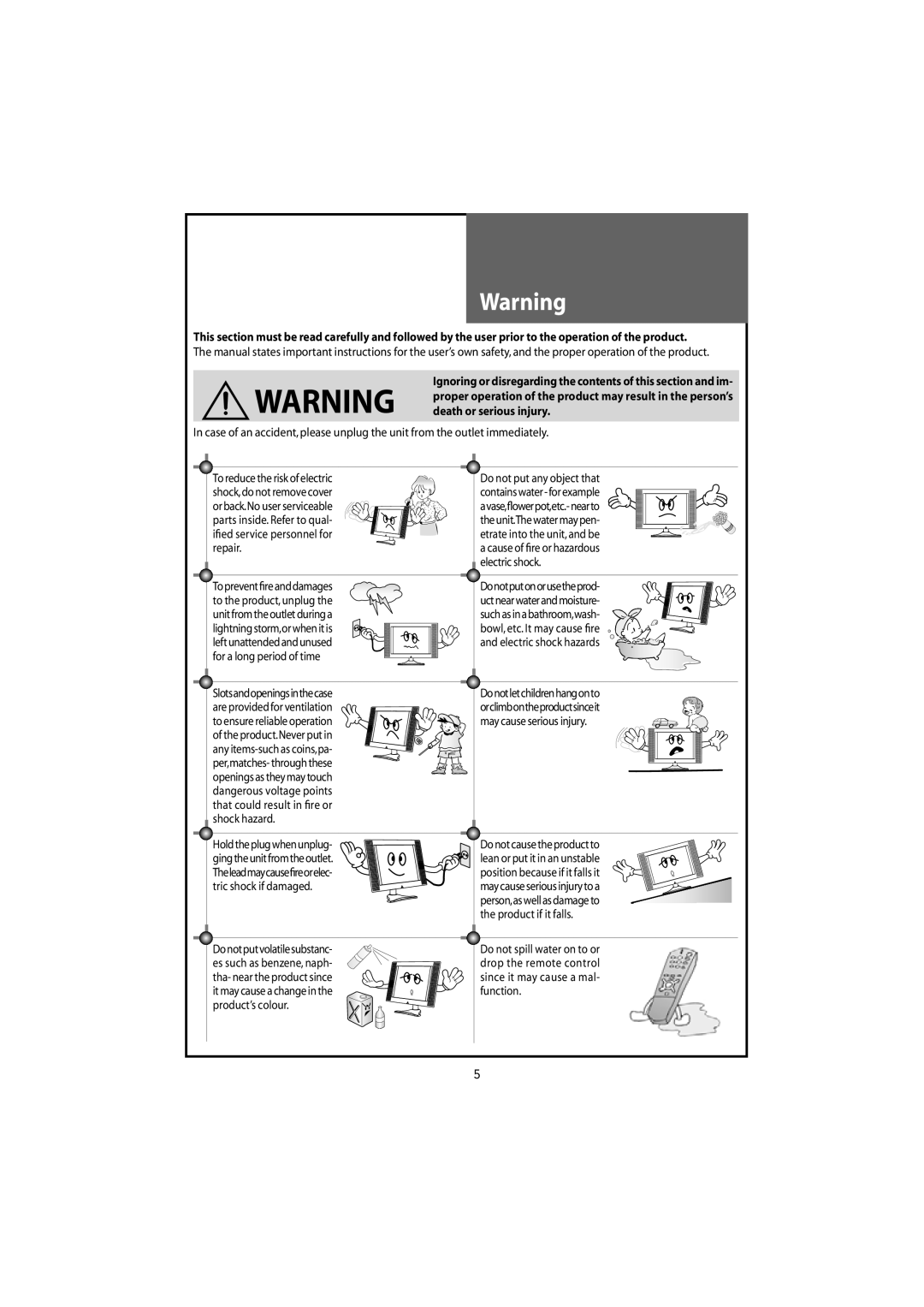 Daewoo DLT-22W4T, DLT-20J9T, DLT-20J1T, DLT-20J3T, DLT-19W4T Do not put any object that Containswater-forexample 