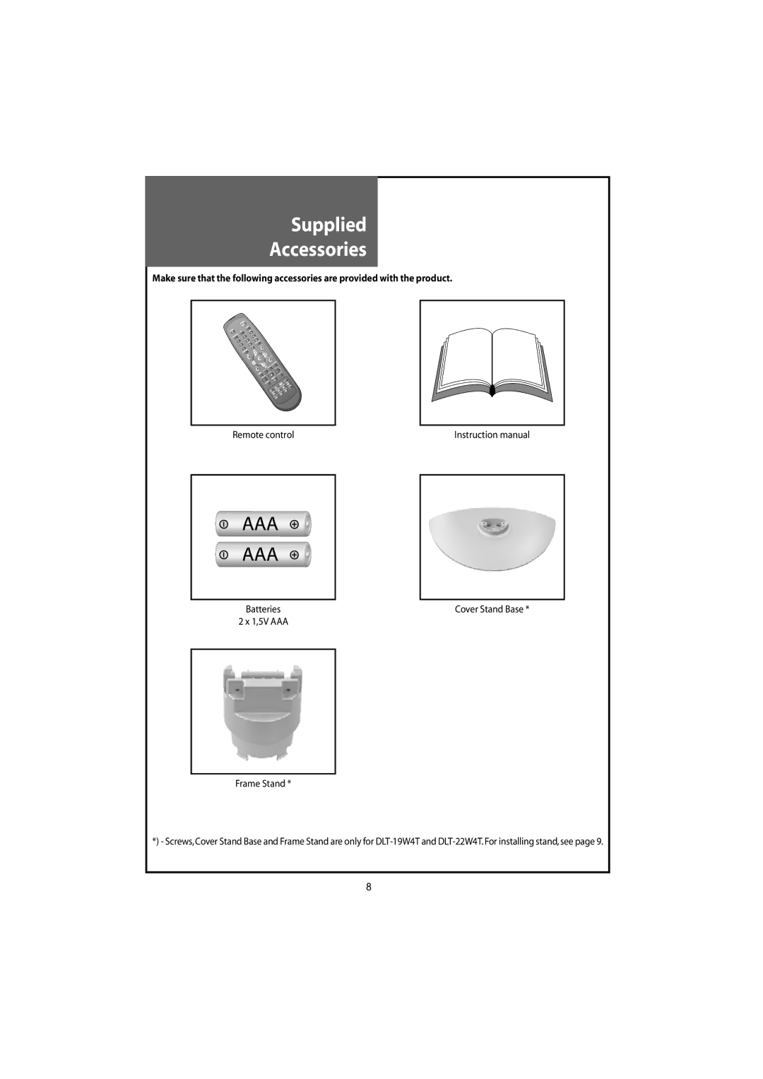 Daewoo DLT-20J3T, DLT-22W4T, DLT-20J9T, DLT-20J1T, DLT-19W4T instruction manual Supplied Accessories 