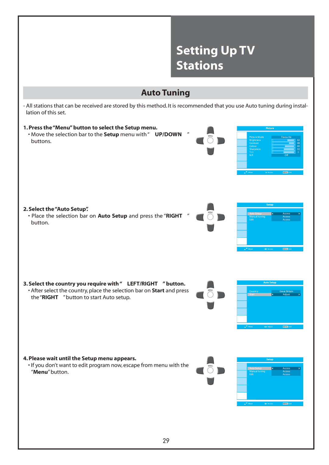 Daewoo DLT-26C2, DLT-26C3, DLT-32C1, DLT-32C2, DLT-32C3, DLT-37C3 instruction manual Setting Up TV Stations, Auto Tuning 