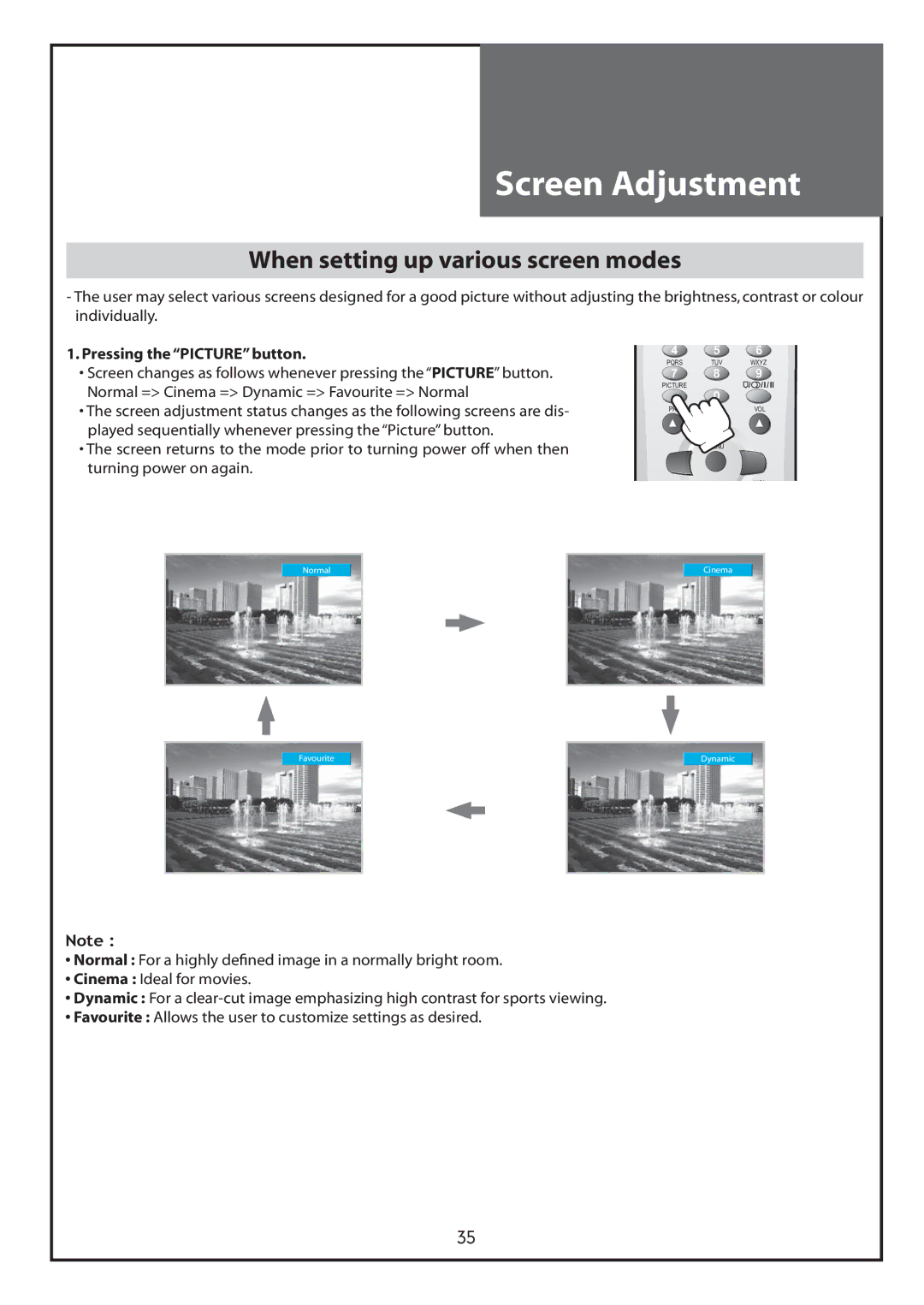 Daewoo DLT-26C2, DLT-26C3, DLT-32C1, DLT-32C2, DLT-32C3, DLT-37C3 Screen Adjustment, When setting up various screen modes 