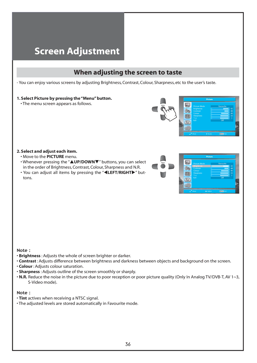 Daewoo DLT-26C2, DLT-26C3, DLT-32C1, DLT-32C2, DLT-32C3, DLT-37C3 instruction manual When adjusting the screen to taste 