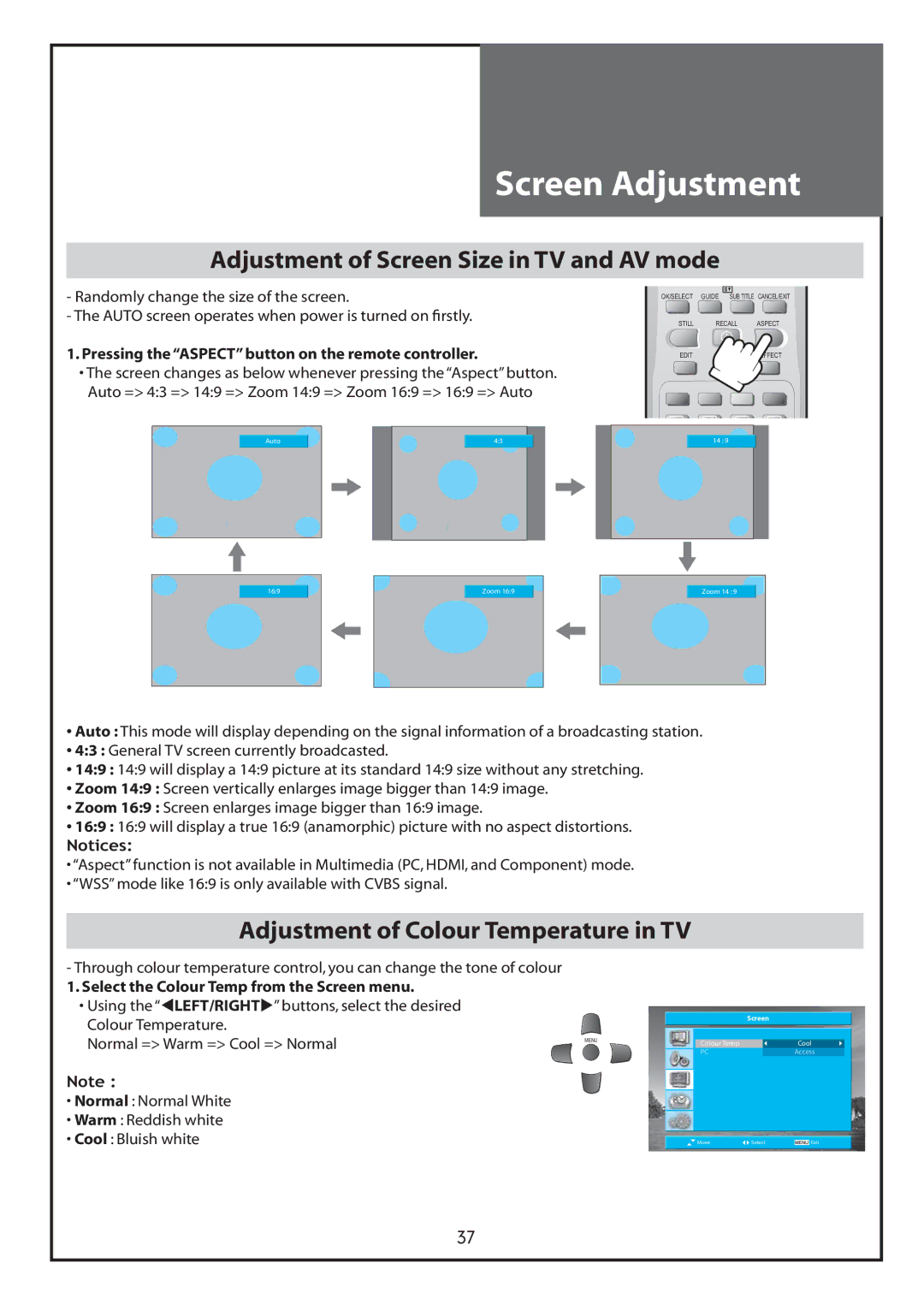 Daewoo DLT-26C2, DLT-26C3, DLT-32C1, DLT-32C2, DLT-32C3, DLT-37C3 Adjustment of Screen Size in TV and AV mode 