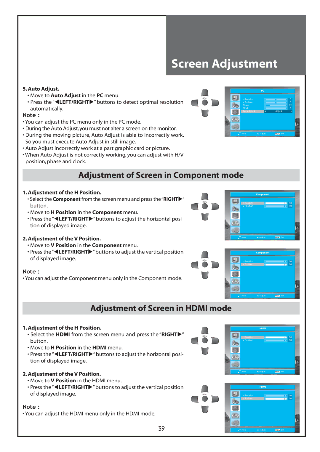 Daewoo DLT-26C2, DLT-26C3, DLT-32C1, DLT-32C2, DLT-32C3, DLT-37C3 instruction manual Adjustment of Screen in Component mode 