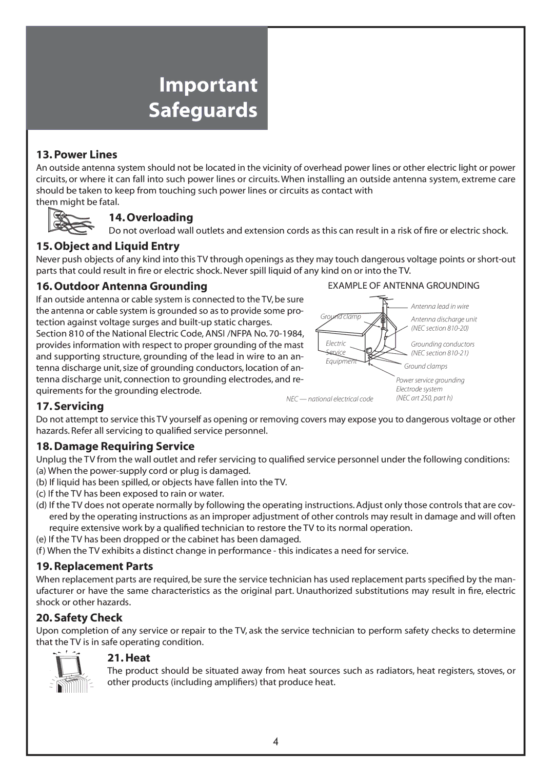 Daewoo DLT-26C2, DLT-26C3, DLT-32C1, DLT-32C2, DLT-32C3, DLT-37C3 instruction manual Outdoor Antenna Grounding 