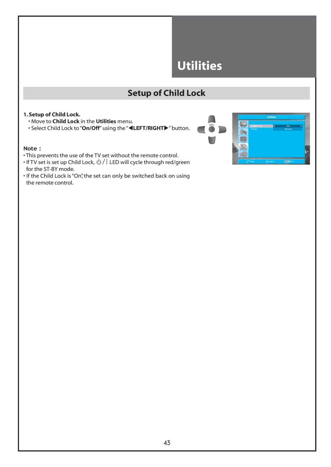 Daewoo DLT-26C2, DLT-26C3, DLT-32C1, DLT-32C2, DLT-32C3, DLT-37C3 instruction manual Utilities, Setup of Child Lock 