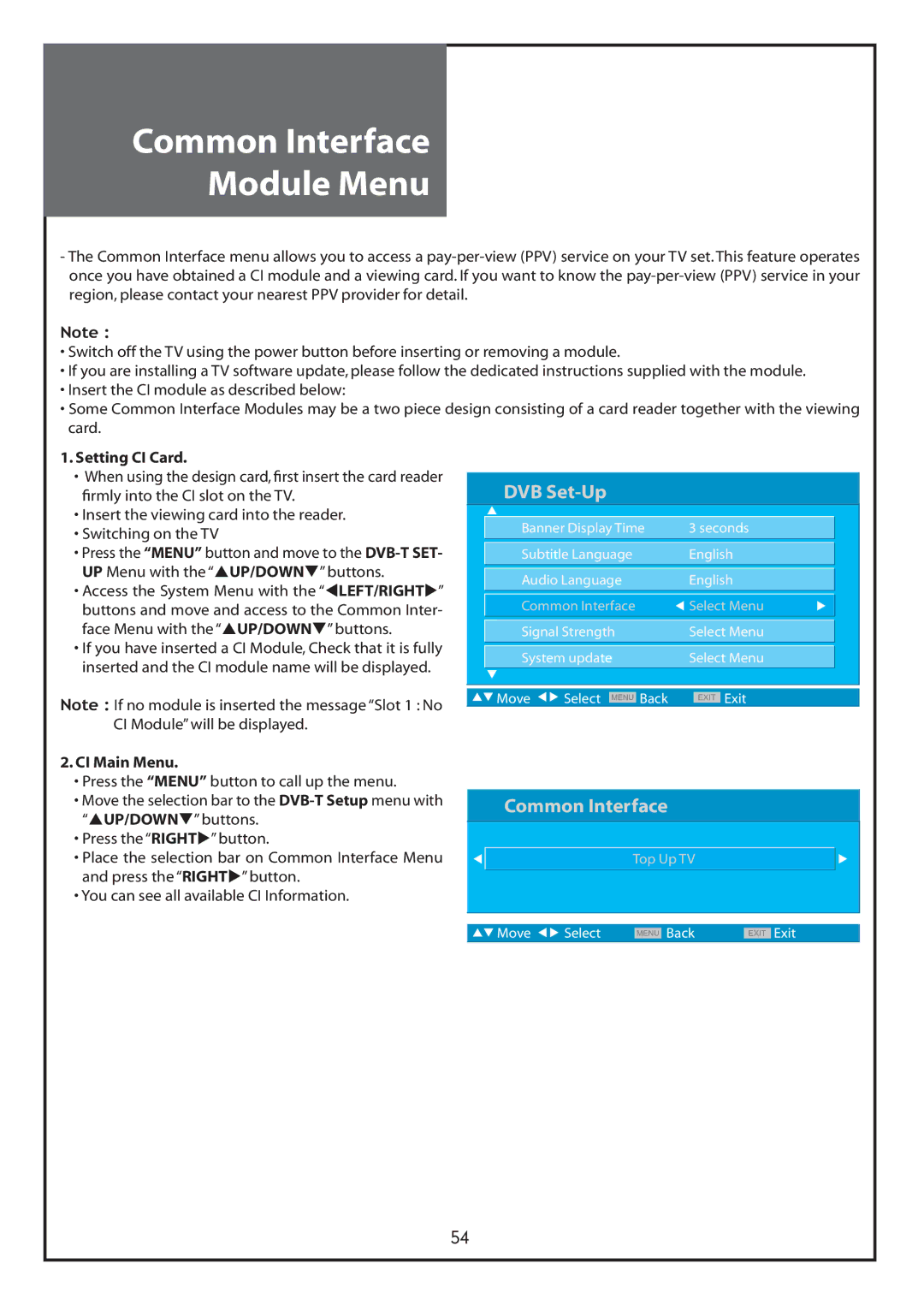 Daewoo DLT-26C2, DLT-26C3, DLT-32C1, DLT-32C2, DLT-32C3, DLT-37C3 instruction manual Common Interface Module Menu 