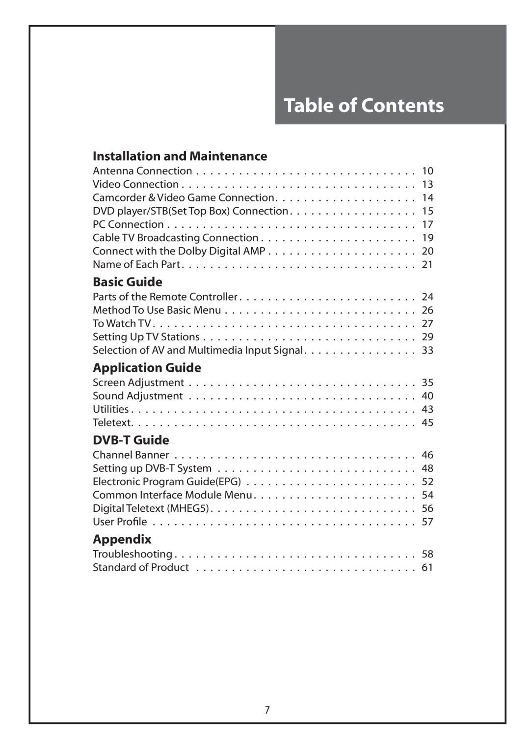 Daewoo DLT-26C2, DLT-26C3, DLT-32C1, DLT-32C2, DLT-32C3, DLT-37C3 instruction manual Table of Contents 