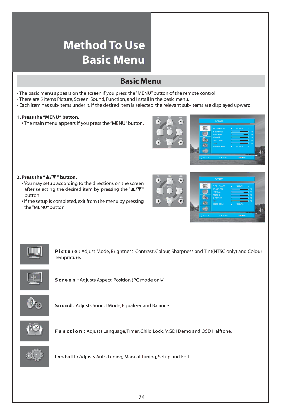 Daewoo DLT-37C7, DLT-32C5, DLT-32C7, DLT-32C6 instruction manual Method To Use Basic Menu 