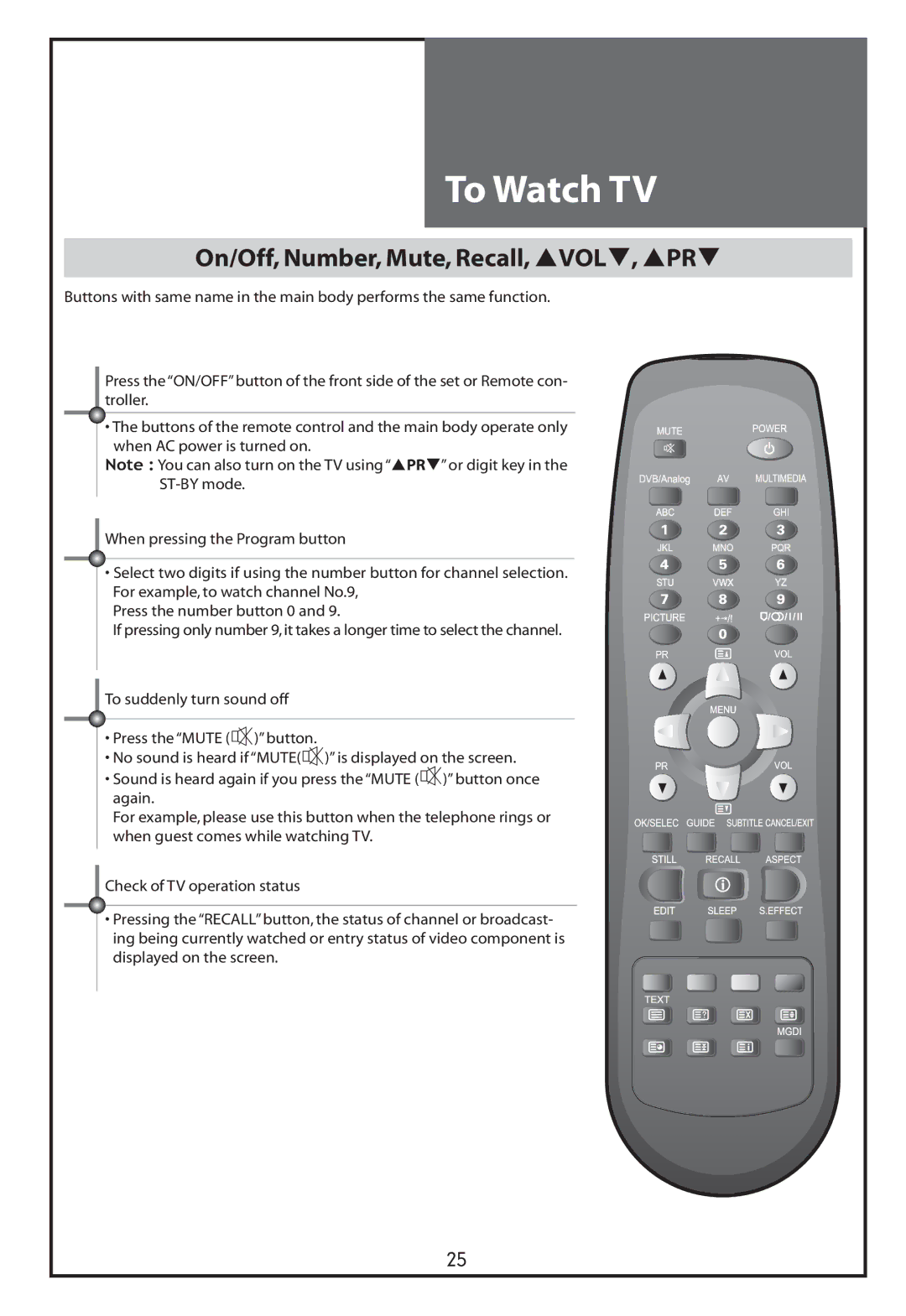 Daewoo DLT-32C5, DLT-37C7, DLT-32C7, DLT-32C6 instruction manual To Watch TV, On/Off, Number, Mute, Recall, VOL, PR 