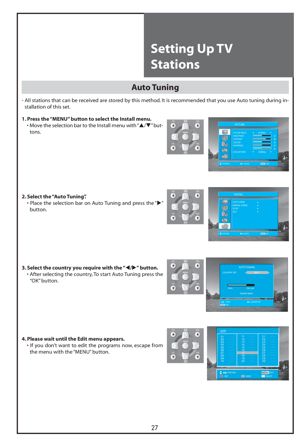 Daewoo DLT-32C6, DLT-37C7, DLT-32C5, DLT-32C7 instruction manual Setting Up TV Stations, Auto Tuning 