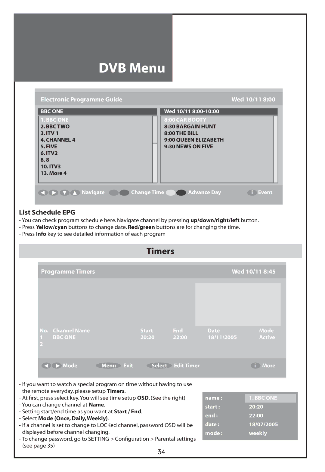 Daewoo DLT-32C7, DLT-37C7, DLT-32C5, DLT-32C6 instruction manual Timers, List Schedule EPG 