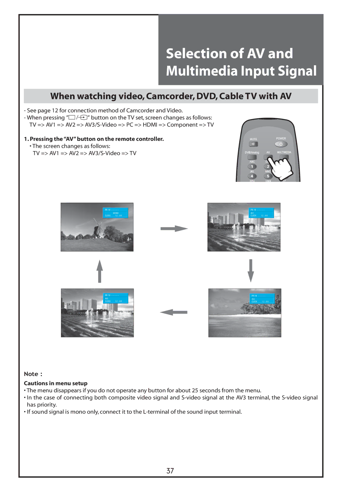 Daewoo DLT-32C5, DLT-37C7 Selection of AV Multimedia Input Signal, When watching video, Camcorder, DVD, Cable TV with AV 