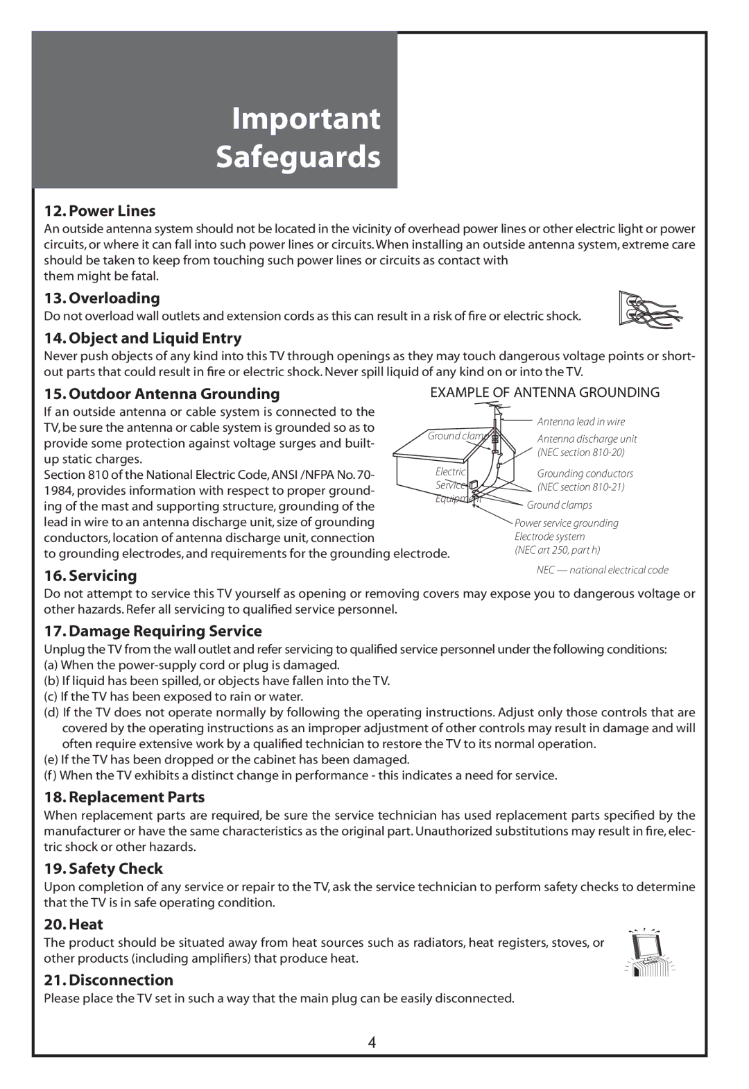 Daewoo DLT-37C7 Power Lines, Overloading, Object and Liquid Entry, Outdoor Antenna Grounding, Servicing, Replacement Parts 