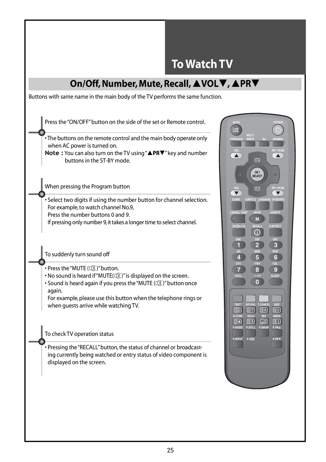 Daewoo DLT-42G1, DLT-37G1, DLT-32G1 instruction manual To Watch TV, On/Off, Number, Mute, Recall, VOL, PR 