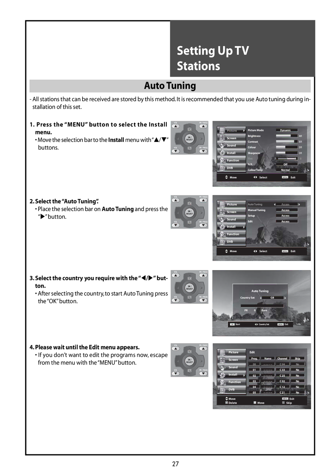 Daewoo DLT-37G1, DLT-42G1, DLT-32G1 Setting Up TV Stations, Auto Tuning, Please wait until the Edit menu appears 