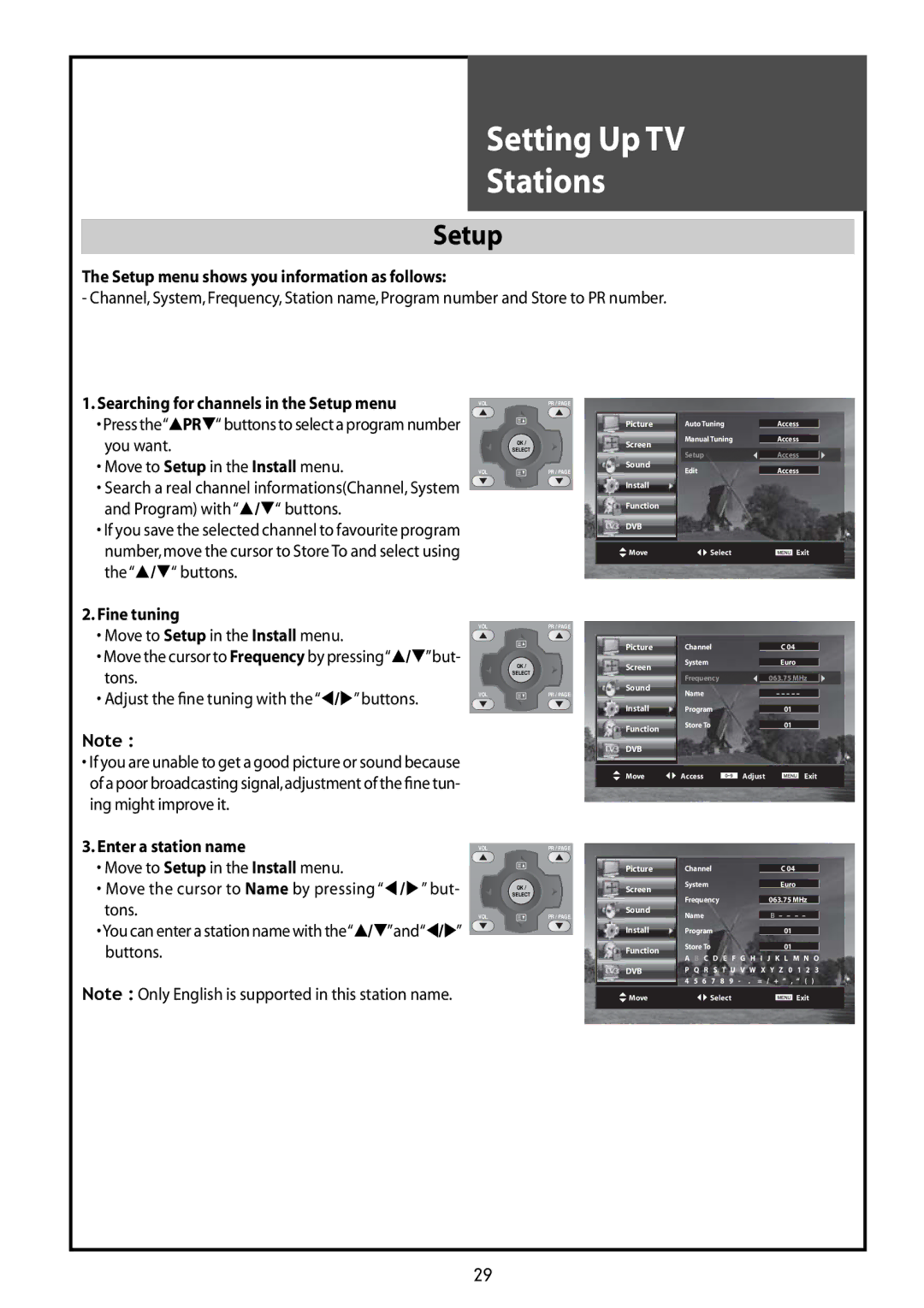 Daewoo DLT-32G1, DLT-37G1, DLT-42G1 instruction manual Enter a station name Move to Setup in the Install menu 