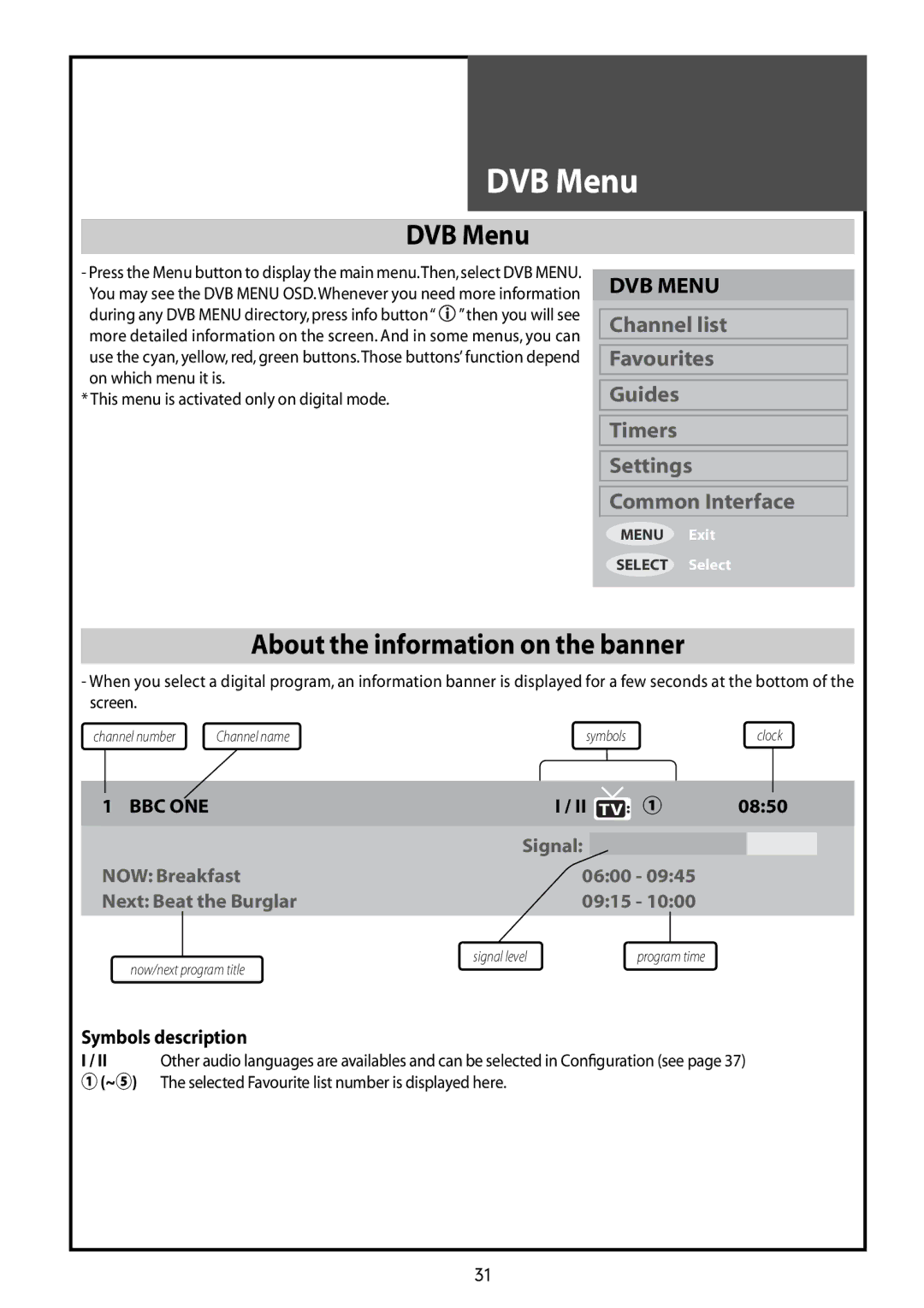 Daewoo DLT-42G1, DLT-37G1, DLT-32G1 instruction manual DVB Menu, About the information on the banner, Symbols description 