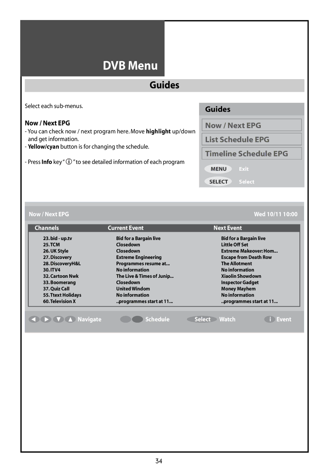 Daewoo DLT-42G1, DLT-37G1, DLT-32G1 instruction manual Guides, Now / Next EPG, Select each sub-menus 