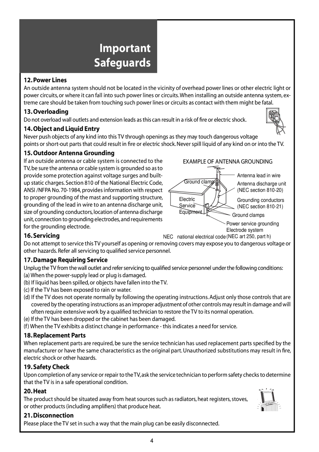 Daewoo DLT-42G1 Power Lines, Overloading, Object and Liquid Entry, Outdoor Antenna Grounding, Servicing, Replacement Parts 