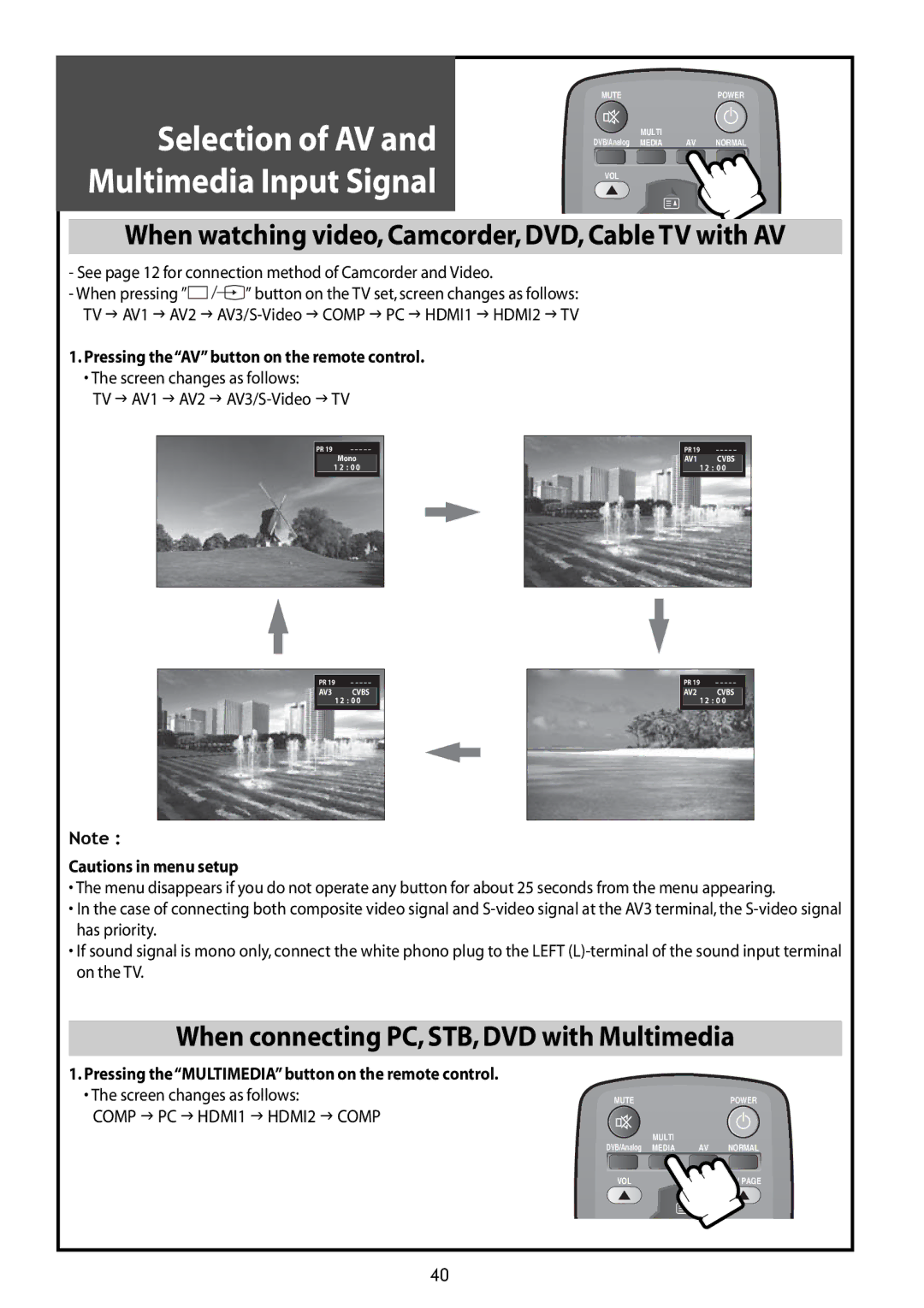 Daewoo DLT-42G1 When watching video, Camcorder, DVD, Cable TV with AV, When connecting PC, STB, DVD with Multimedia 