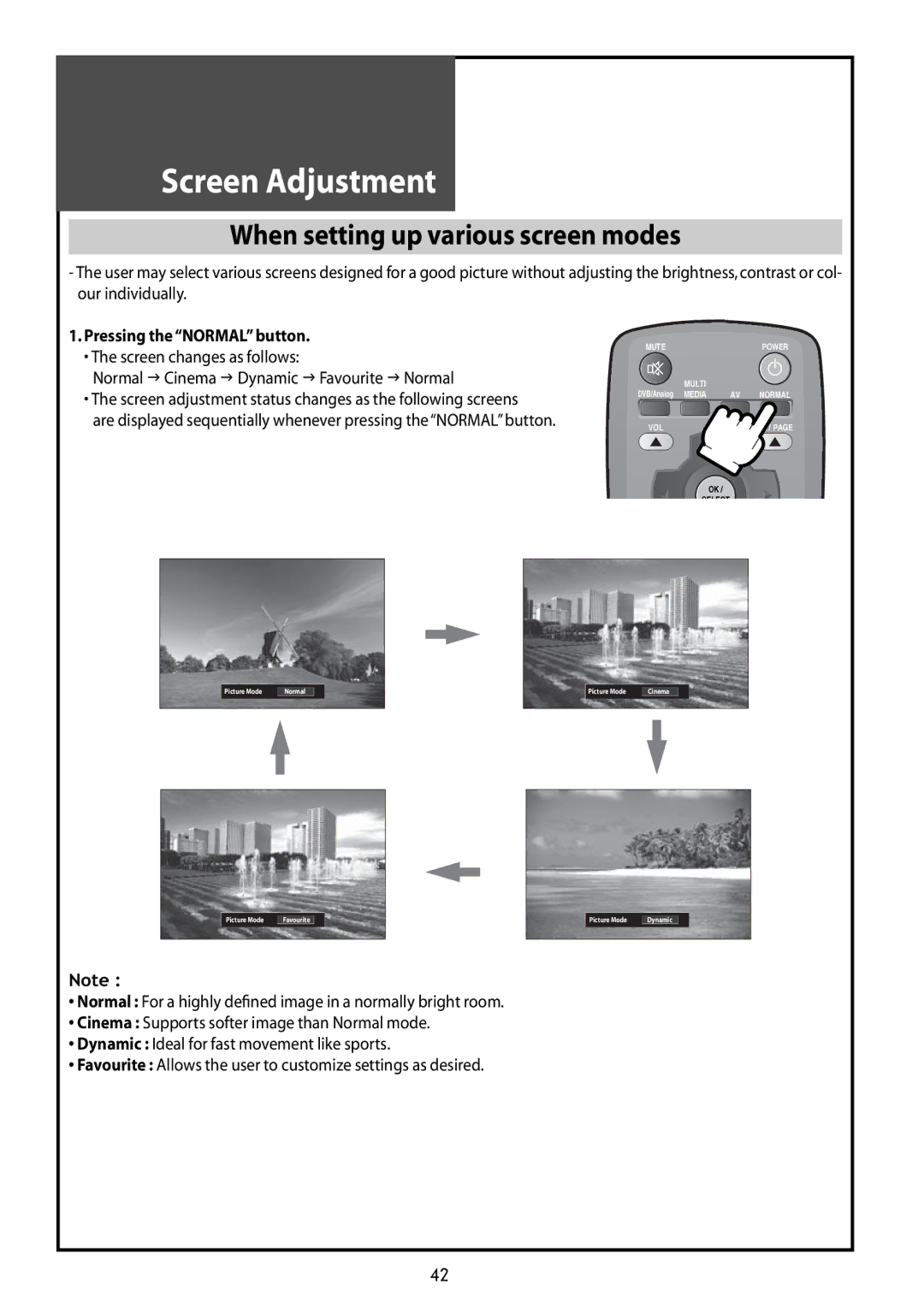 Daewoo DLT-37G1, DLT-42G1, DLT-32G1 instruction manual Screen Adjustment, When setting up various screen modes 