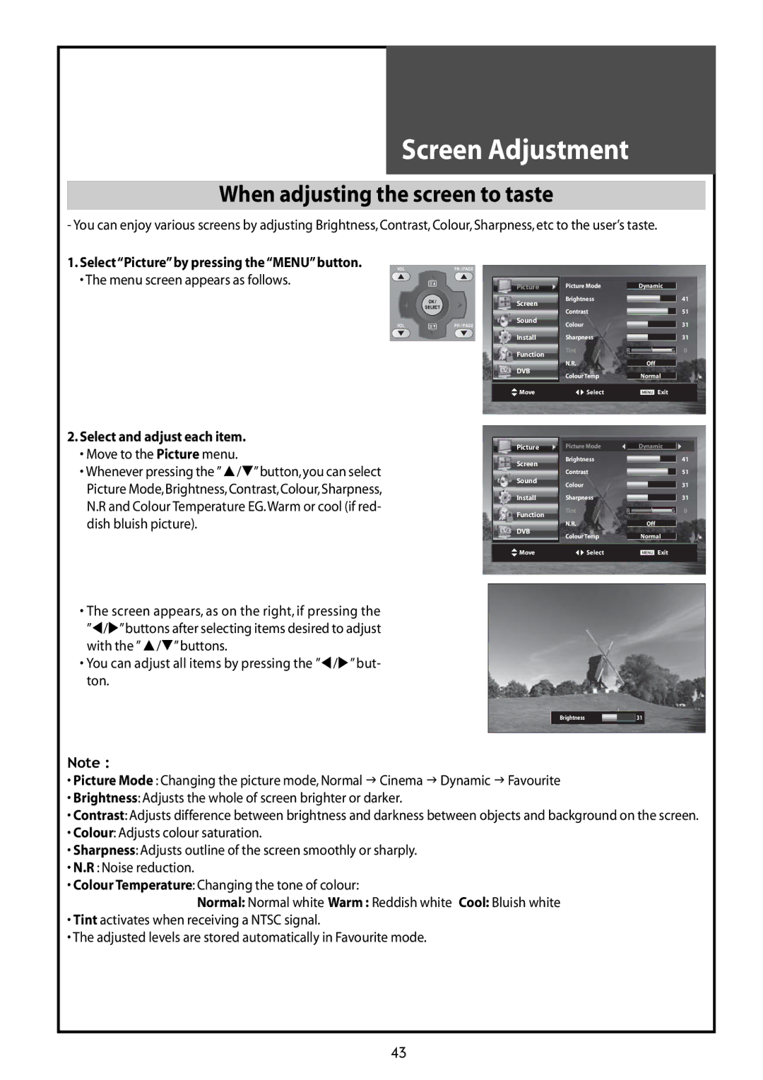 Daewoo DLT-42G1, DLT-37G1 When adjusting the screen to taste, Select and adjust each item Move to the Picture menu 