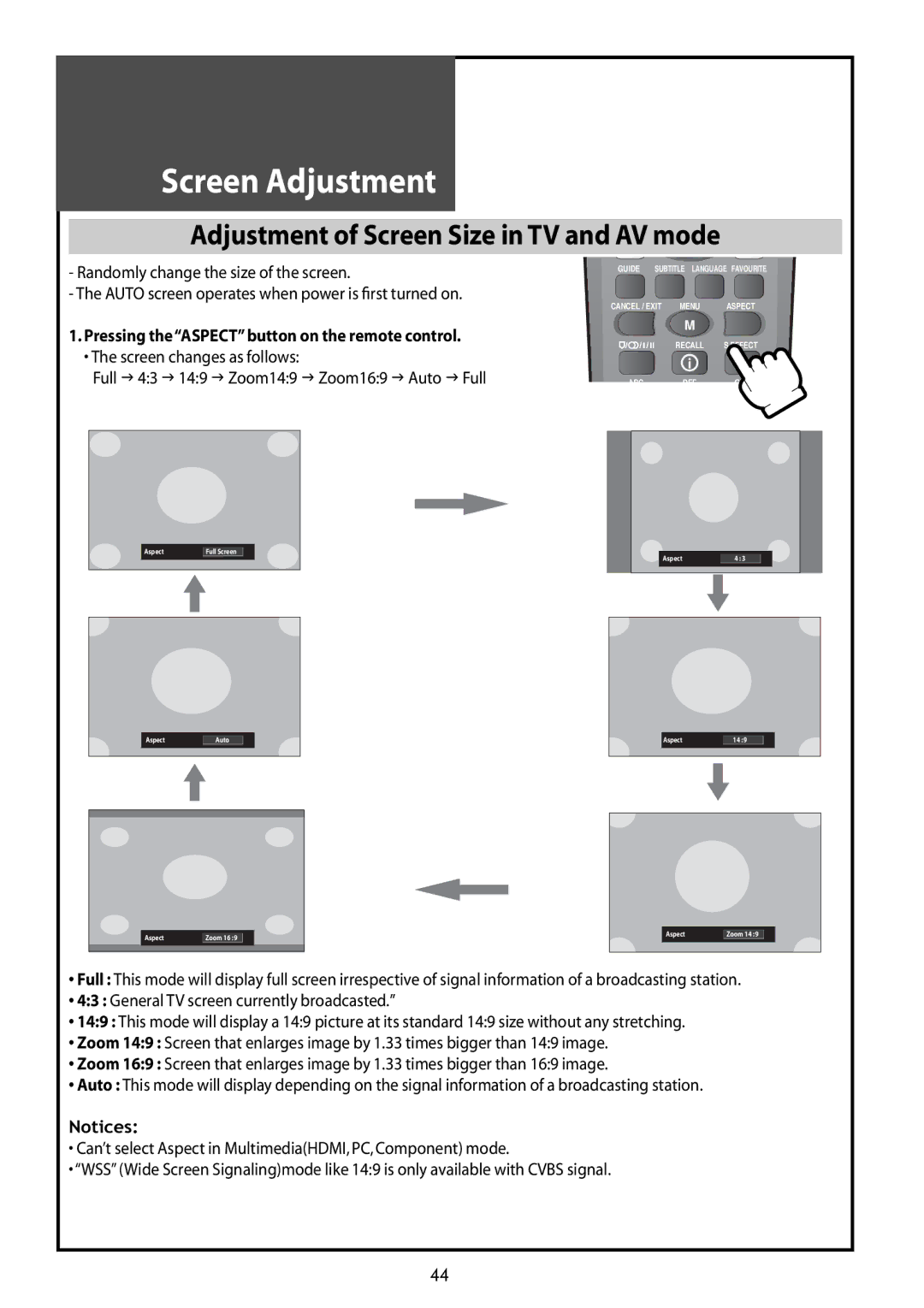 Daewoo DLT-32G1, DLT-37G1, DLT-42G1 instruction manual Adjustment of Screen Size in TV and AV mode 