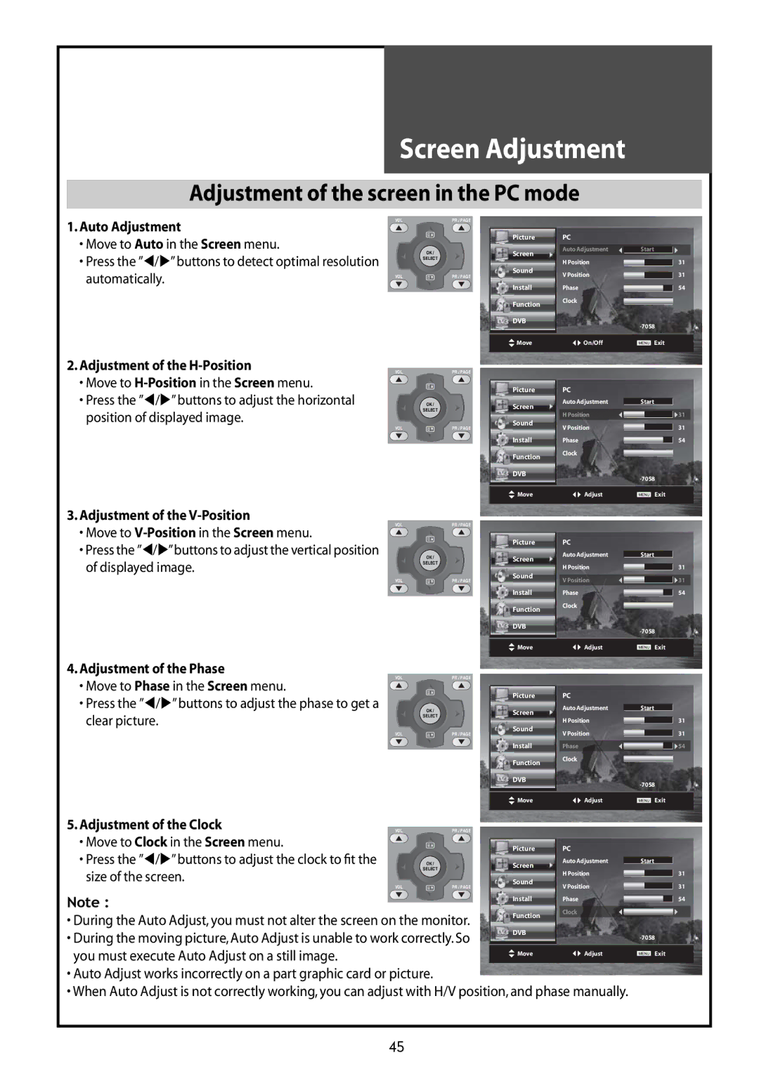 Daewoo DLT-37G1, DLT-42G1, DLT-32G1 instruction manual Adjustment of the screen in the PC mode, Adjustment of the Phase 