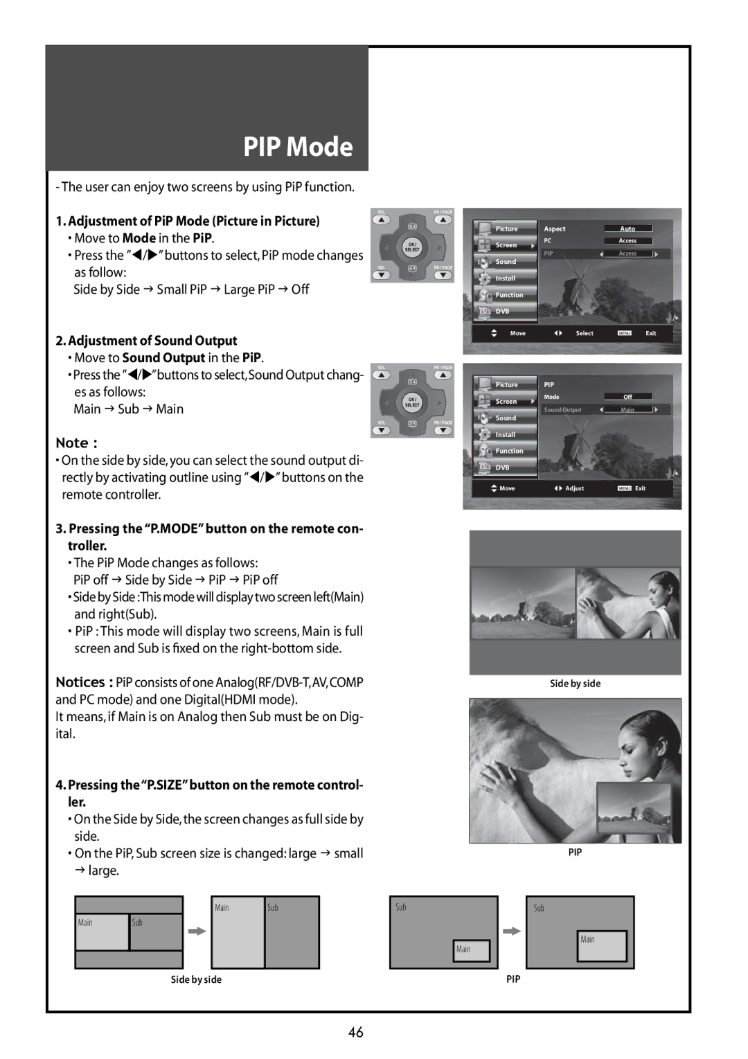 Daewoo DLT-42G1, DLT-37G1, DLT-32G1 instruction manual PIP Mode, SidebySideThismodewilldisplaytwoscreenleftMain and rightSub 