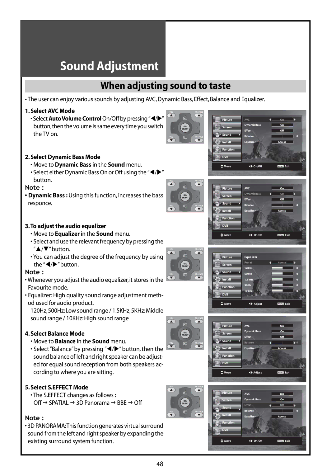 Daewoo DLT-37G1 Sound Adjustment, When adjusting sound to taste, Select S.EFFECT Mode S.EFFECT changes as follows 