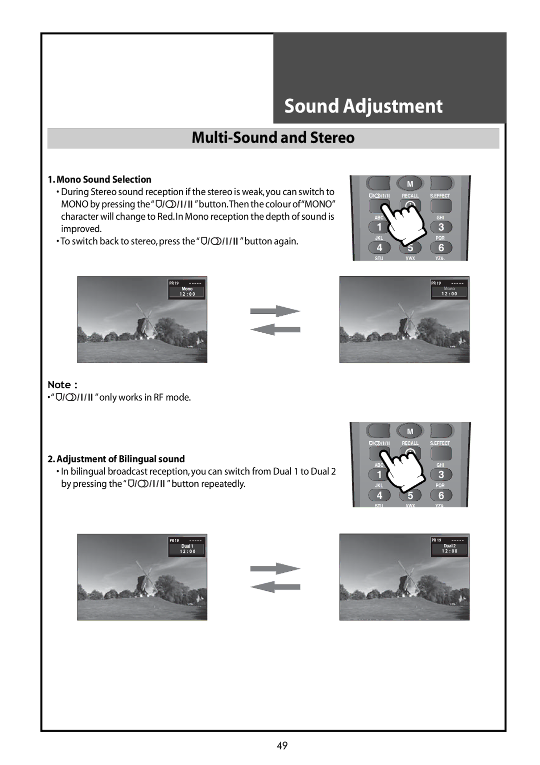 Daewoo DLT-42G1 Multi-Sound and Stereo, Mono Sound Selection, Only works in RF mode Adjustment of Bilingual sound 