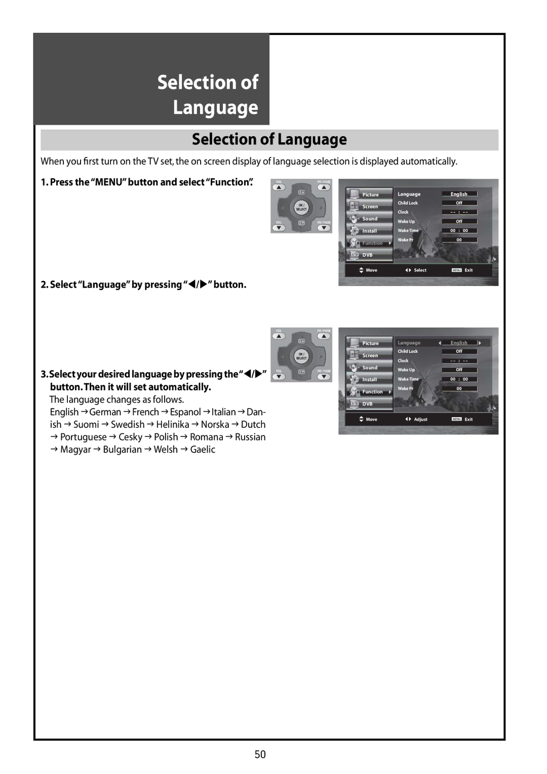 Daewoo DLT-32G1, DLT-37G1, DLT-42G1 Selection Language, Selection of Language, Magyar Bulgarian Welsh Gaelic 