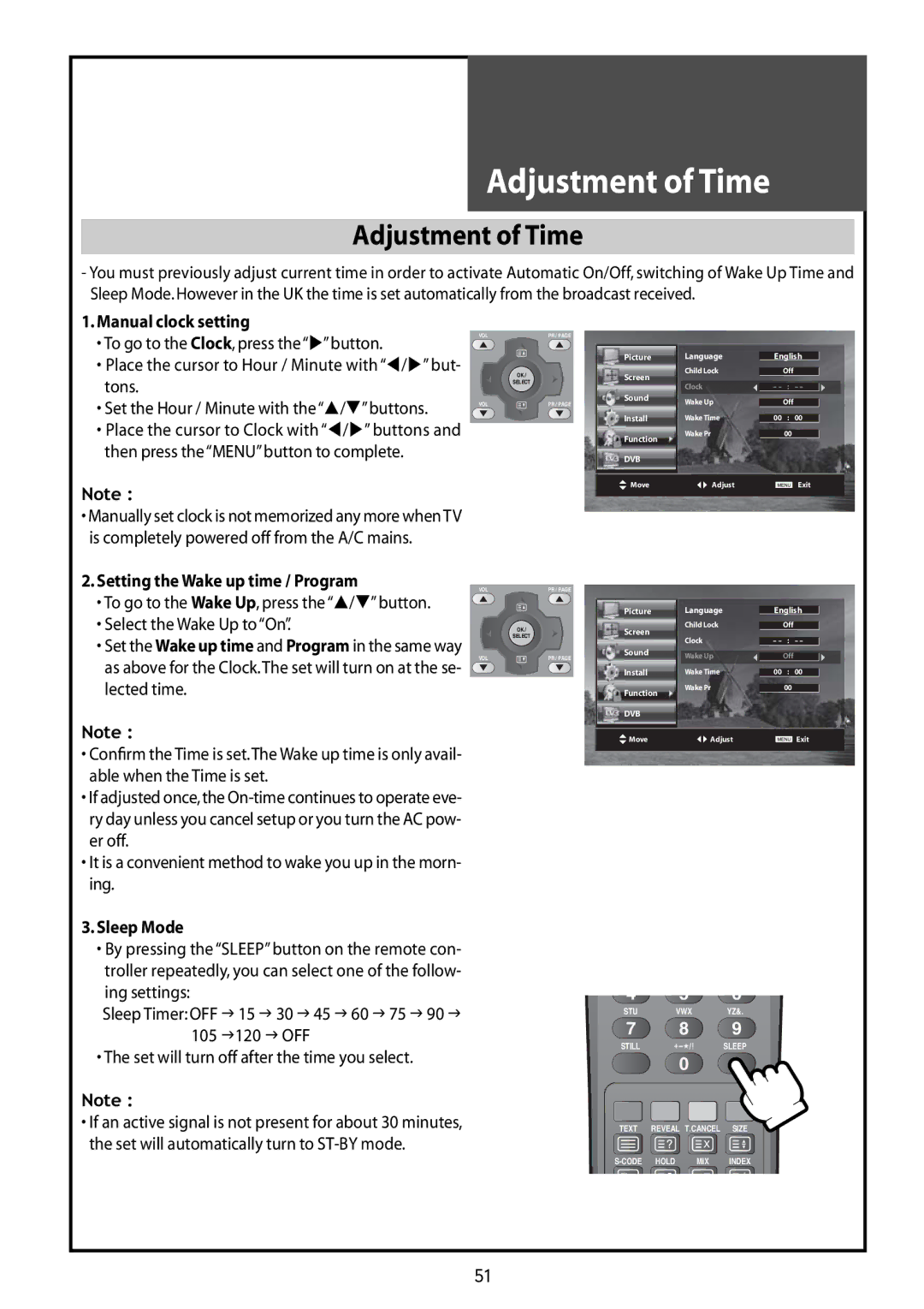 Daewoo DLT-37G1, DLT-42G1, DLT-32G1 instruction manual Adjustment of Time 