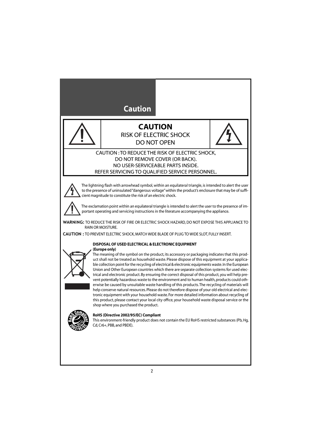 Daewoo DLT-46U1HZ, DLT-42U1/G1FH, DLT-46U1FH, DLT-42U1/G1HZ instruction manual Risk of Electric Shock Do not Open 