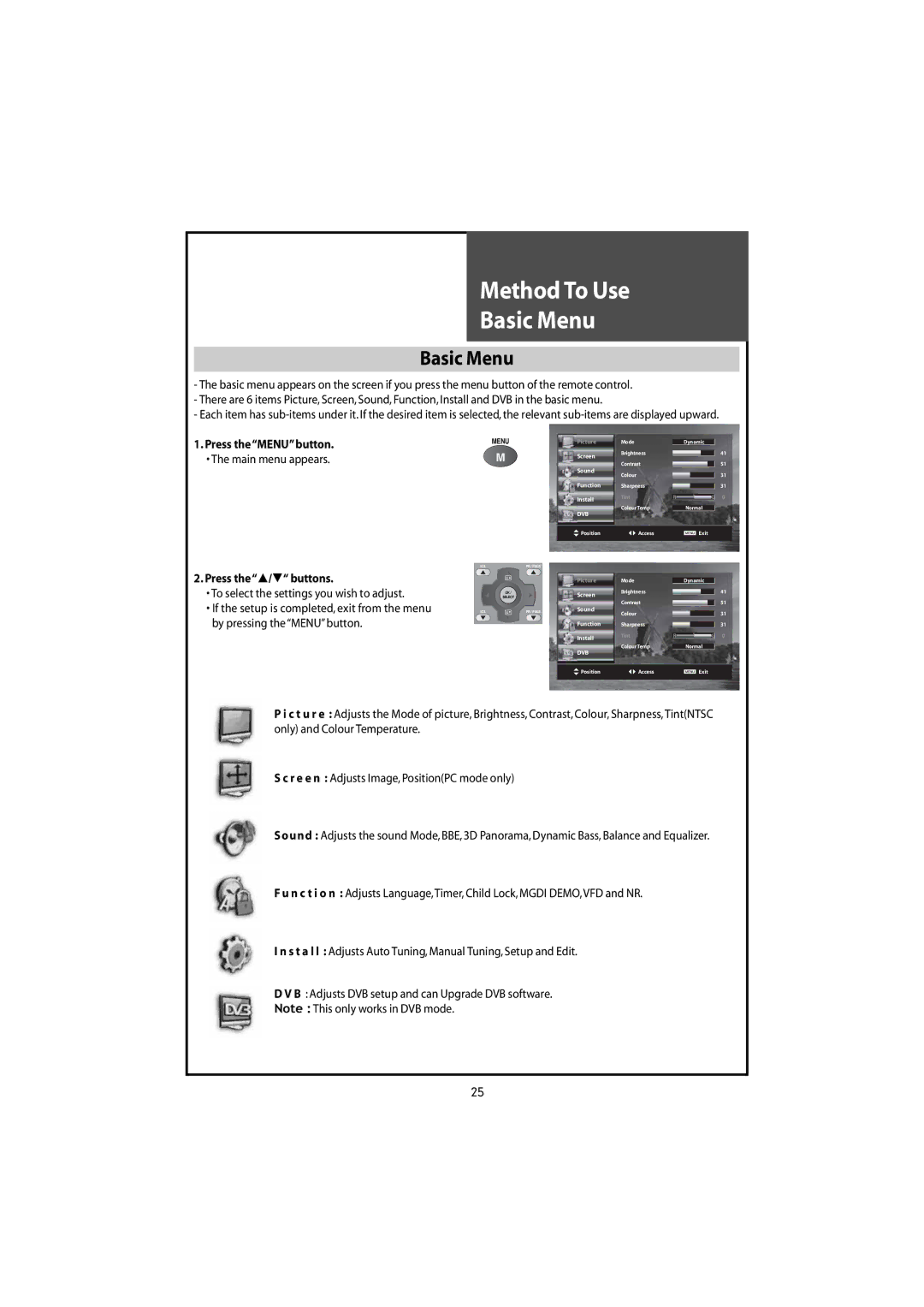 Daewoo DLT-46U1FH, DLT-42U1/G1FH, DLT-46U1HZ, DLT-42U1/G1HZ instruction manual MethodTo Use Basic Menu 