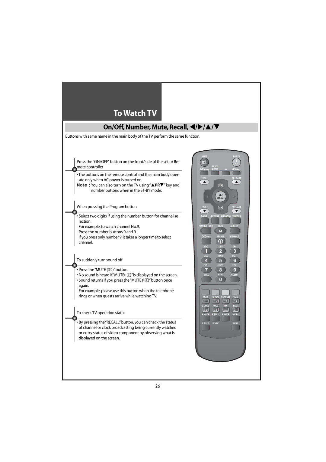 Daewoo DLT-46U1HZ, DLT-42U1/G1FH, DLT-46U1FH ToWatchTV, On/Off,Number,Mute,Recall, To checkTV operation status 