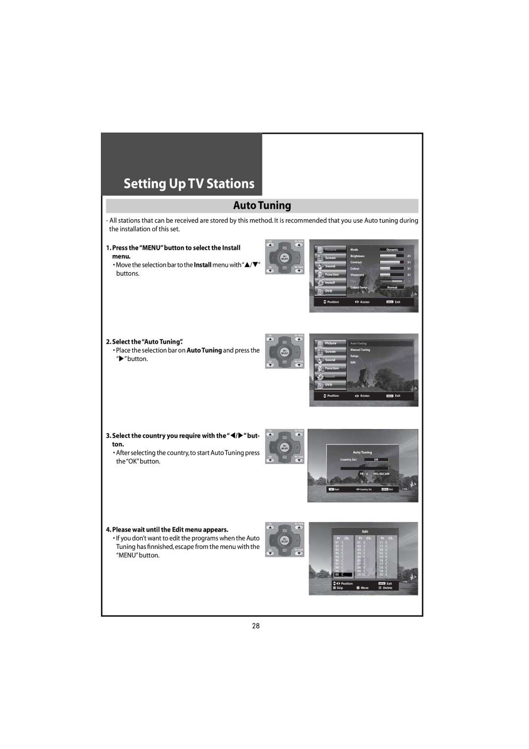 Daewoo DLT-42U1/G1FH Setting UpTV Stations, Select theAutoTuning, Select the country you require with the/but- ton 