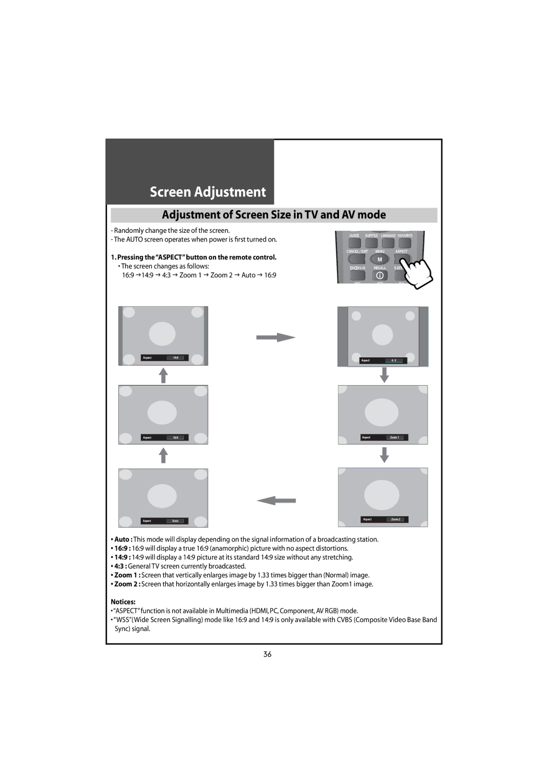 Daewoo DLT-42U1/G1FH, DLT-46U1FH, DLT-46U1HZ, DLT-42U1/G1HZ instruction manual Adjustment of Screen Size inTV and AV mode 