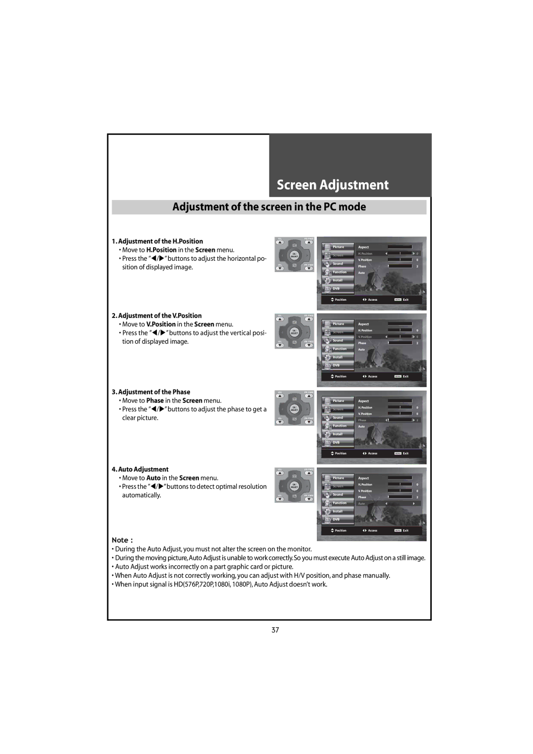 Daewoo DLT-46U1FH, DLT-42U1/G1FH, DLT-46U1HZ, DLT-42U1/G1HZ instruction manual Adjustment of the screen in the PC mode 