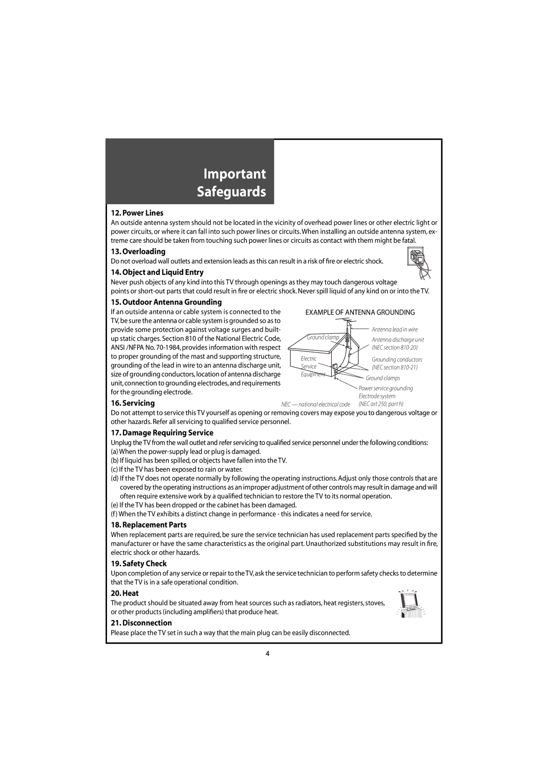 Daewoo DLT-42U1/G1FH Power Lines, Overloading, Object and Liquid Entry, Outdoor Antenna Grounding, Servicing, Safety Check 